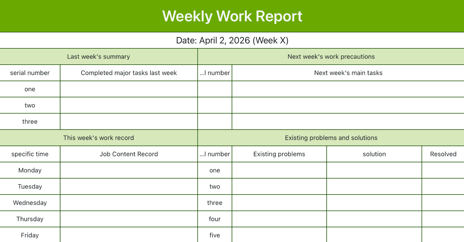 Green Detailed Work Weekly Report